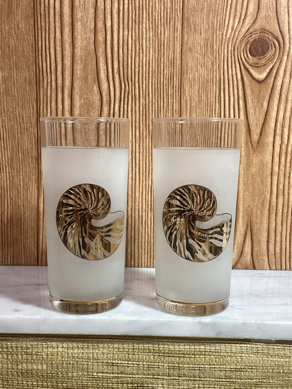 Vintage Culver Frosted Glass Tumbler Set with Gold Nautilus Design - Home Dining